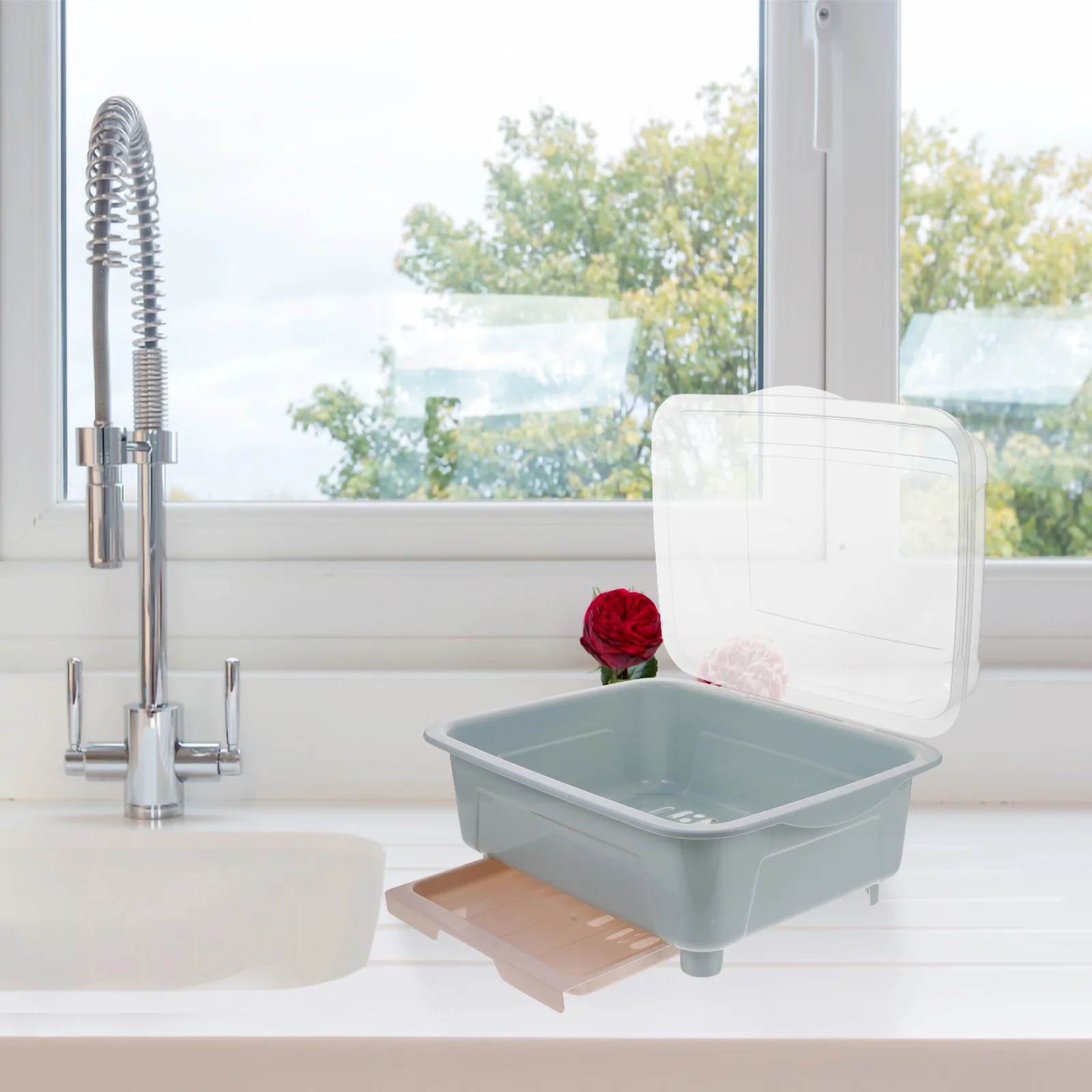 Stendino per piatti Piatto scolapiatti per posate da cucina Coperchio per tazza Vassoio antigoccia Copertura trasparente Superficie liscia Vassoio staccabile dal design elegante