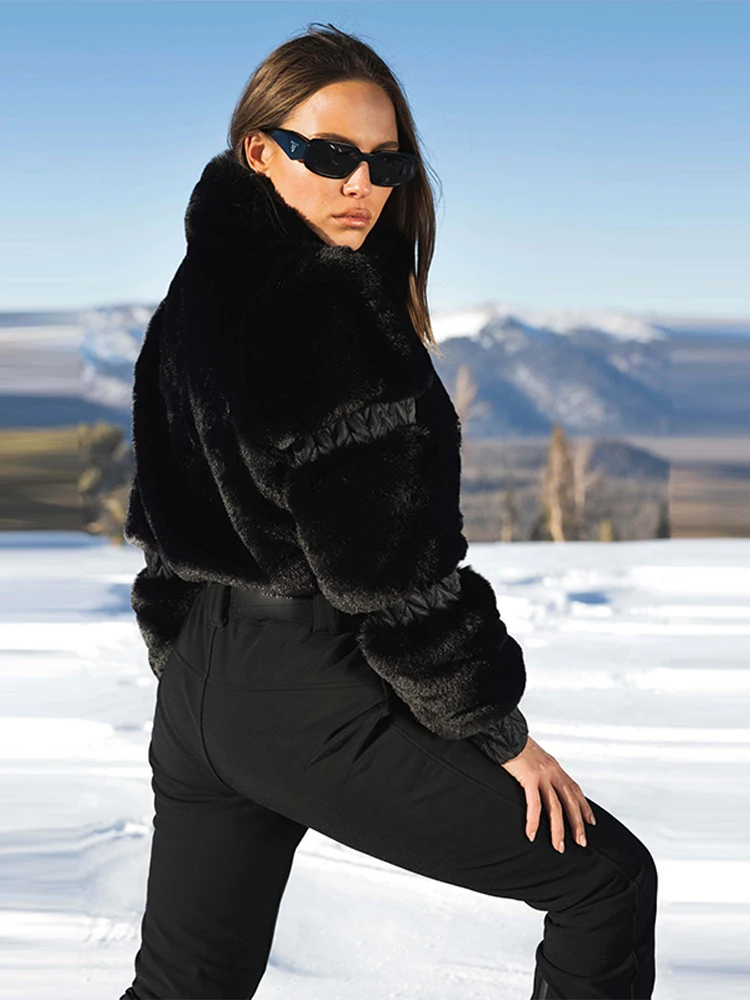 レディース フェイクファー スプライシング ジップアップ ジャンプスーツ 長袖 無地 ウエストバンド付き 暖かいジャケット 2025年新作 冬 スキー スポーツウェア