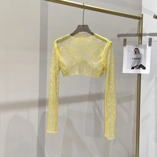 Imagen 2 del producto 2023 nuevo sexy brillante diamante corto top delgado Sra. Hot Drill camiseta de manga larga sexy cintura de fuga club nocturno