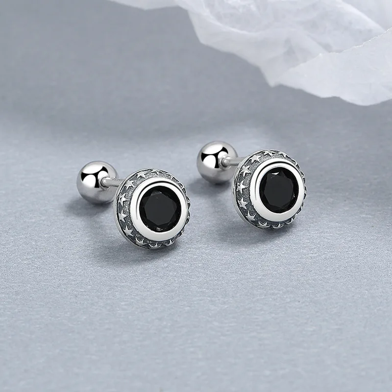 925 Sterling Silver Vintage Round Threaded Stud Earrings For Women Turquoise Black Zircon Minimalist INS Style Ear Jewelry