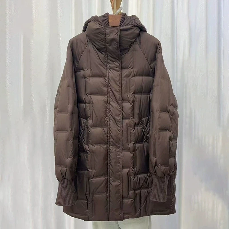 Outono inverno quente casual solto sobre o tamanho outwear 2025 novas mulheres jaqueta de pato branco com capuz removível de malha