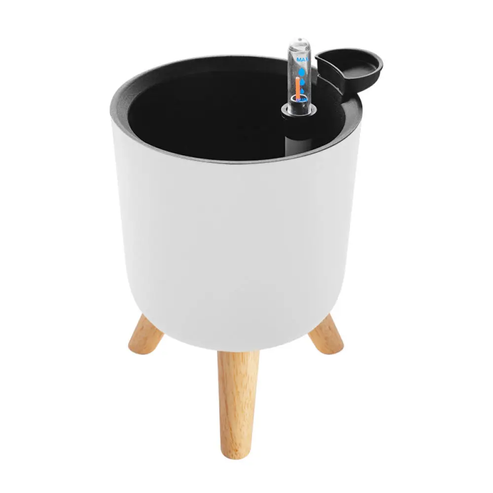 Decorative Plastic Plant Pot Self Watering Round Minimalist Planter With Wood Legs Indoor Home Bedroom Decoration