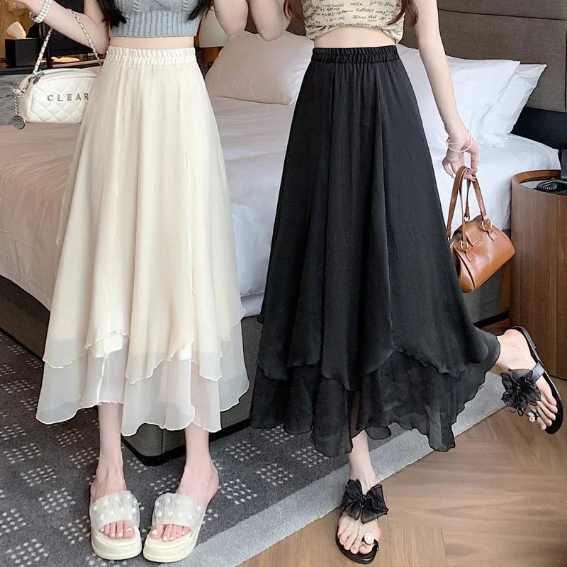 

GIDYQ Summer Women Mesh Skirt Fashion Korean High Waist Loose Midi Skirt Y2K Elegant Female Casual All Match A Line Skirts New