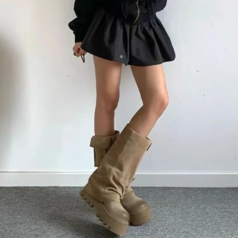 Botas de invierno para mujer, botas marrones, suela gruesa, botas de pantalón con bolsillo retro, zapatos de moda para mujer