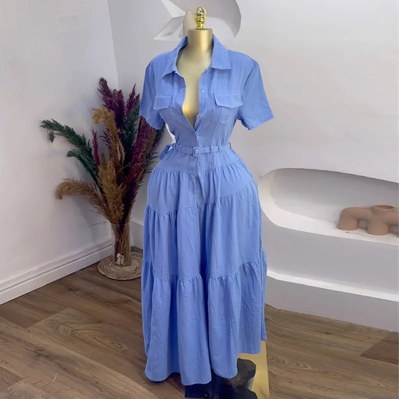 

Women's Fashion 2025 Summer New Fashion Turn-down Collar Short Sleeve Button Waist Belt A-line Shirt Dress Vestido Women Elegant