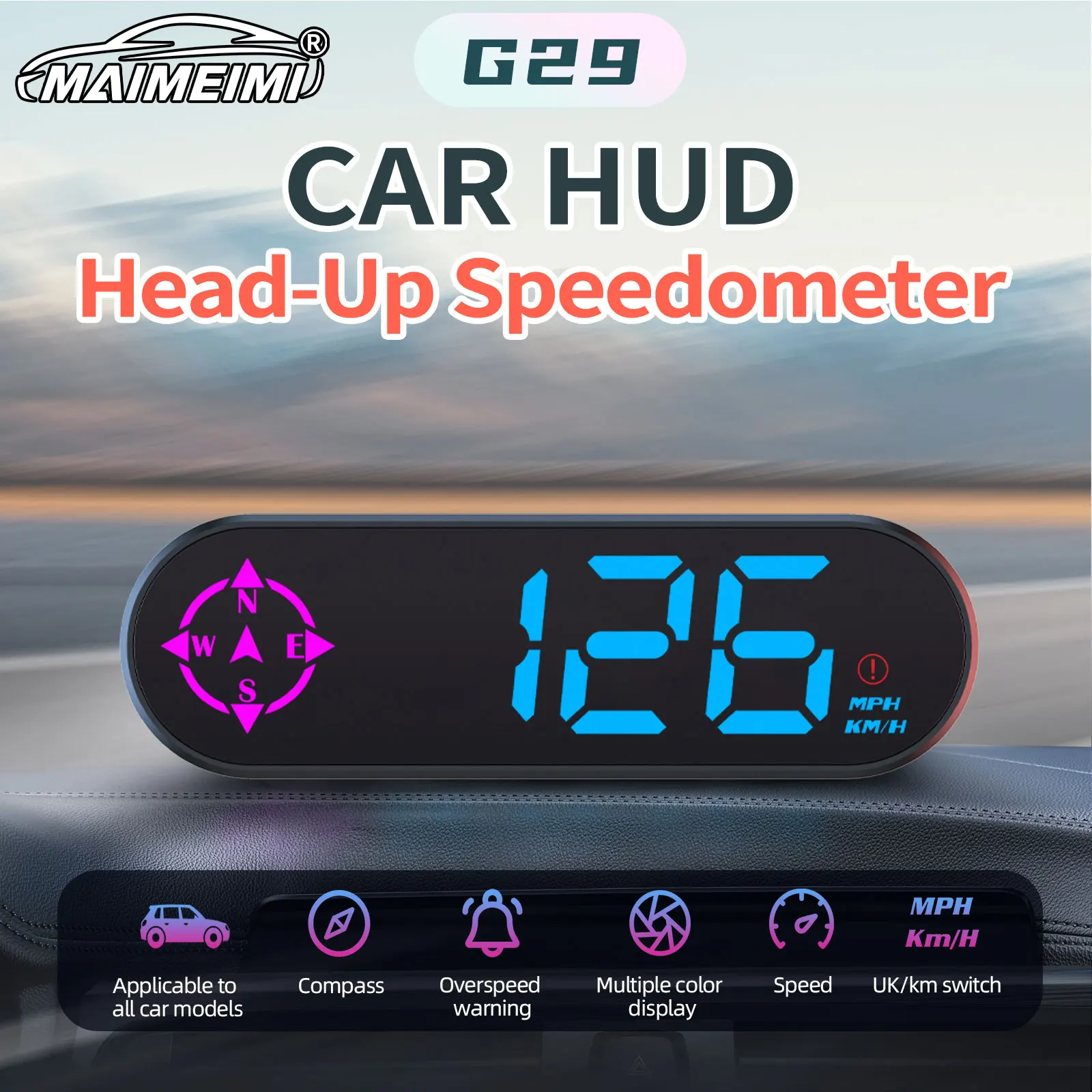 Car GPS HUD Vehicle Speed Head Up Display Time Single Travel Compass Display Car Meter for All Car Speed Gauge Overspeed Alarm