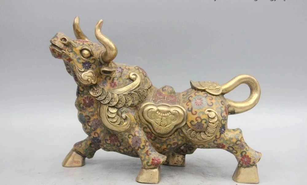 

Chinese Fengshui Bronze Cloisonne Enamel Lucky wealth Ruyi OX Oxen Bull Statue