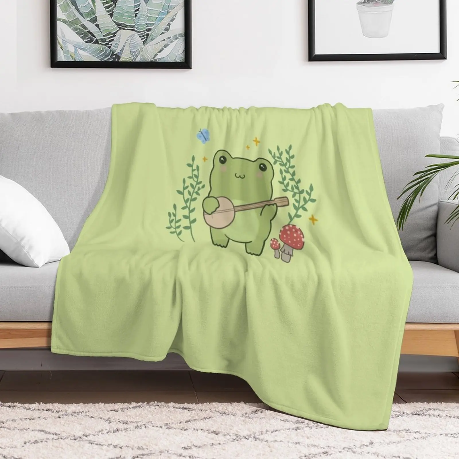 Cute Kawaii Frog Playing Banjo - Toad Plant Fungi Blue Butterfly - Cottagecore Aesthetic Mushroom - Chubby Phrog Throw Blanket