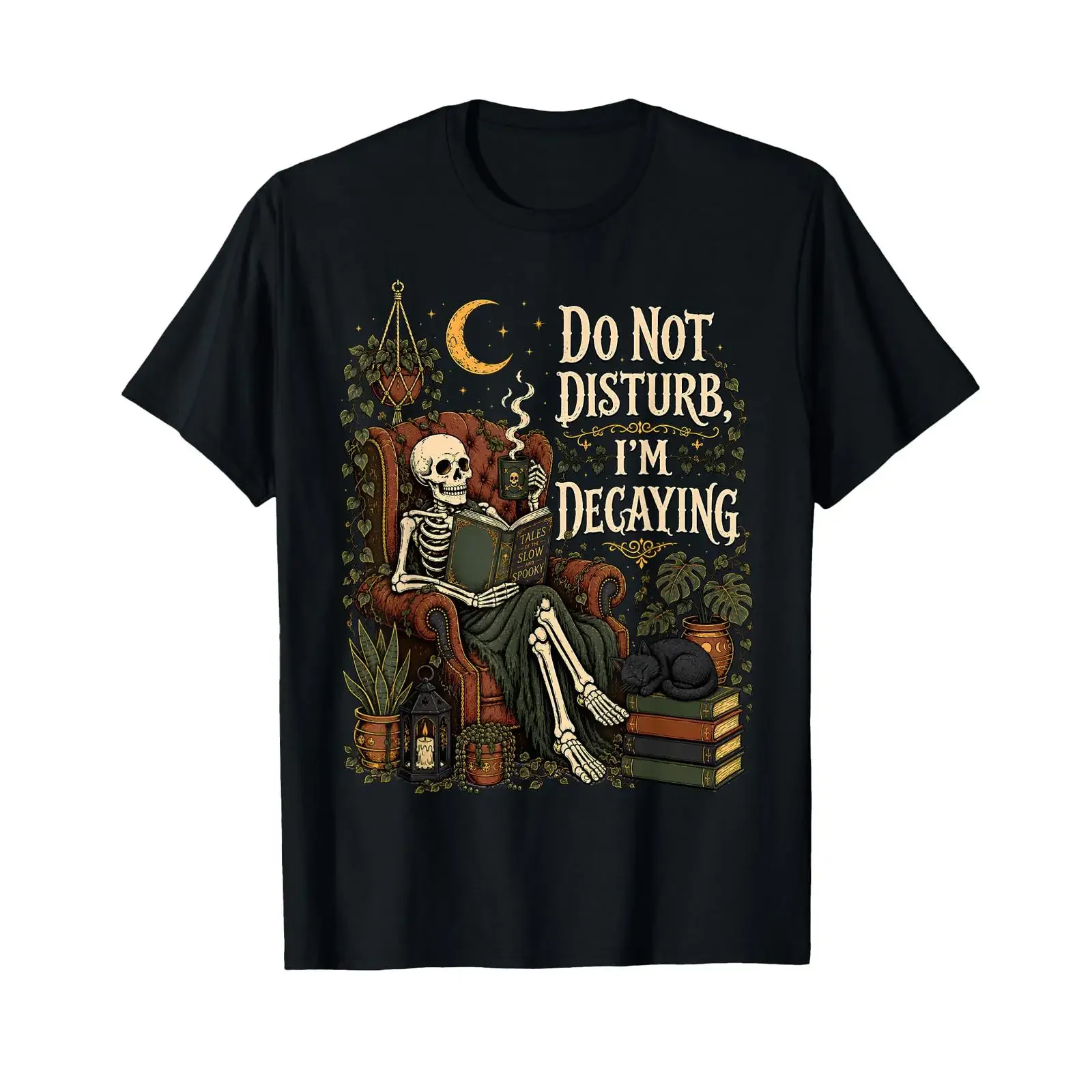 Gothic Skeleton Reader in Decaying Halloween Book Lover T Shirt vintage Washed Breathable Soft graphic Unisex fashion Stretched
