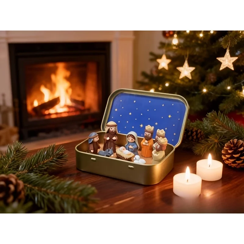 Mini Xmas Manger Set Iron Box, Pocket‑Size Nativity Scene with Mary Jesus Shepherd Animal Figurines, Xmas Easter Gift Decor