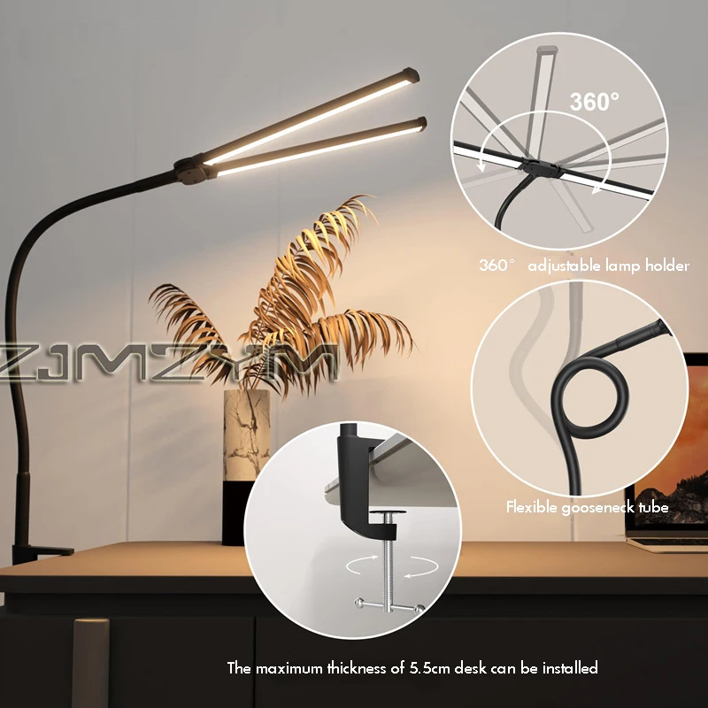 Double Head LED Desk Lamp Flexible Gooseneck Tube with Clamp Fill Light Adjustable Eye Protection Table Lamp Light Home Office