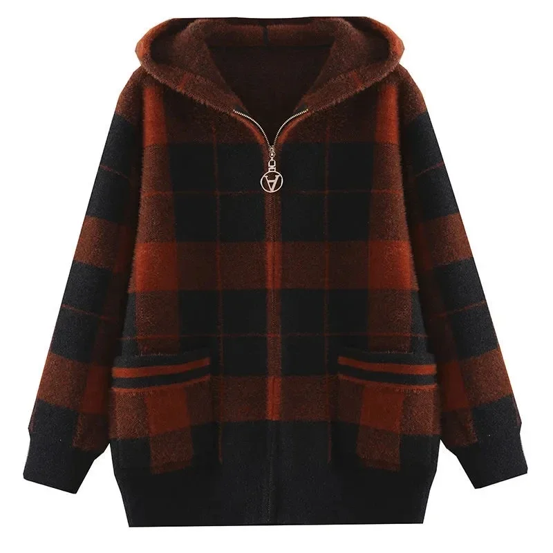 

Middle Aged Elderly Mother Imitation Mink Velvet Coat Thick Knit Cardigan Sweater Women Casual Zipper Hooded Plaid Jacket Z578