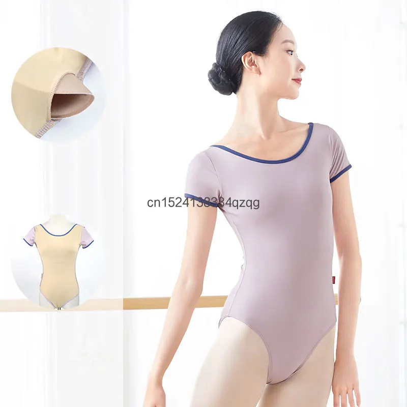 Justaucorps de Ballet femme justaucorps de gymnastique en Nylon manches courtes col rond dos en V justaucorps de danse body de danse