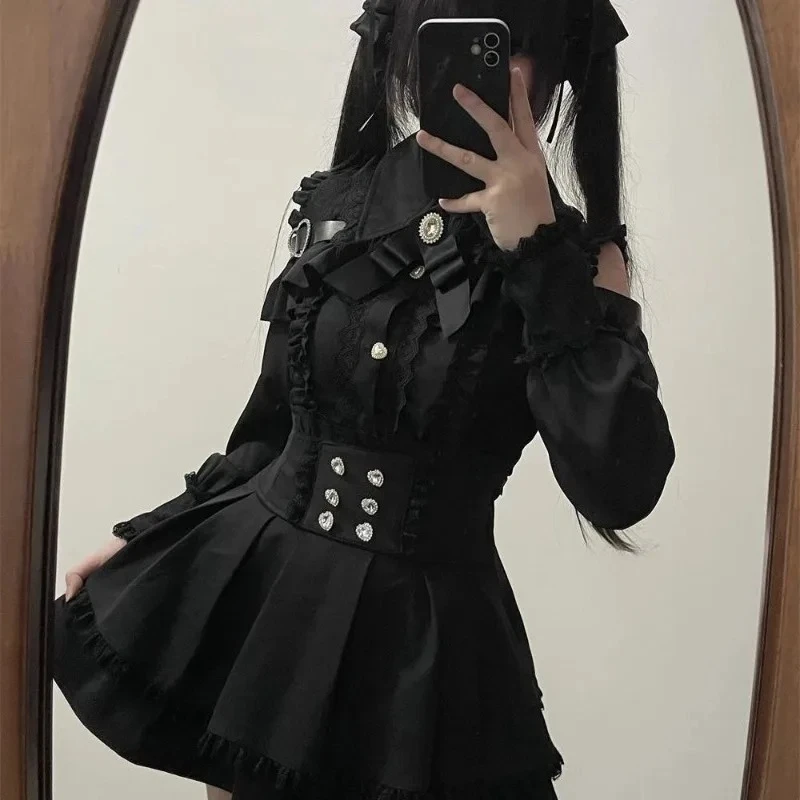 

Japanese Y2 Aesthetics Vintage Bow Dress Shorts Set Women Gothic Lolita Style Long Sleeve Shirt Dress Elegant Party Dress Suits
