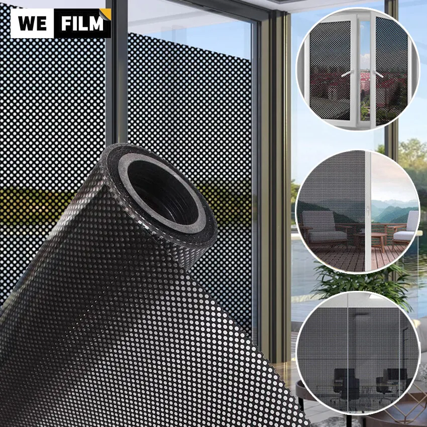 WEFILM-Perforated Mesh Sunshade Window Film, Electrostatic No Glue, Black Dotted Glass Stickers, Fly Eye Tint for Home Office an