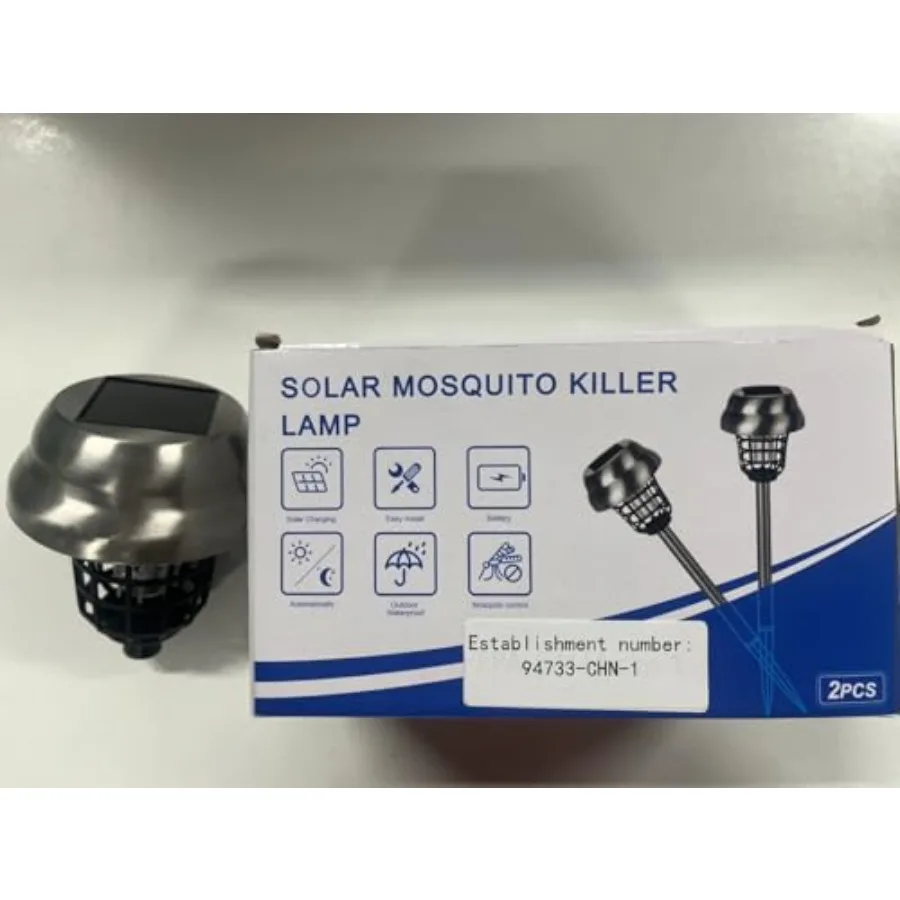 Outdoor solar-powered bug zapper for patio, yard, garden, farm; IP65 waterproof ABS black unit with UV light and electric grid;