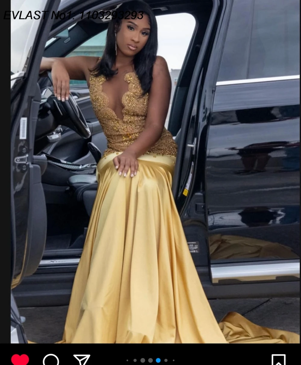 EVLAST Maßgeschneidertes 2025, luxuriöses Gold-Strass-Abschlussballkleid für Blackgirls, glänzende Kristallperlen, afrikanisches Memaid-Party-Galakleid TPD304