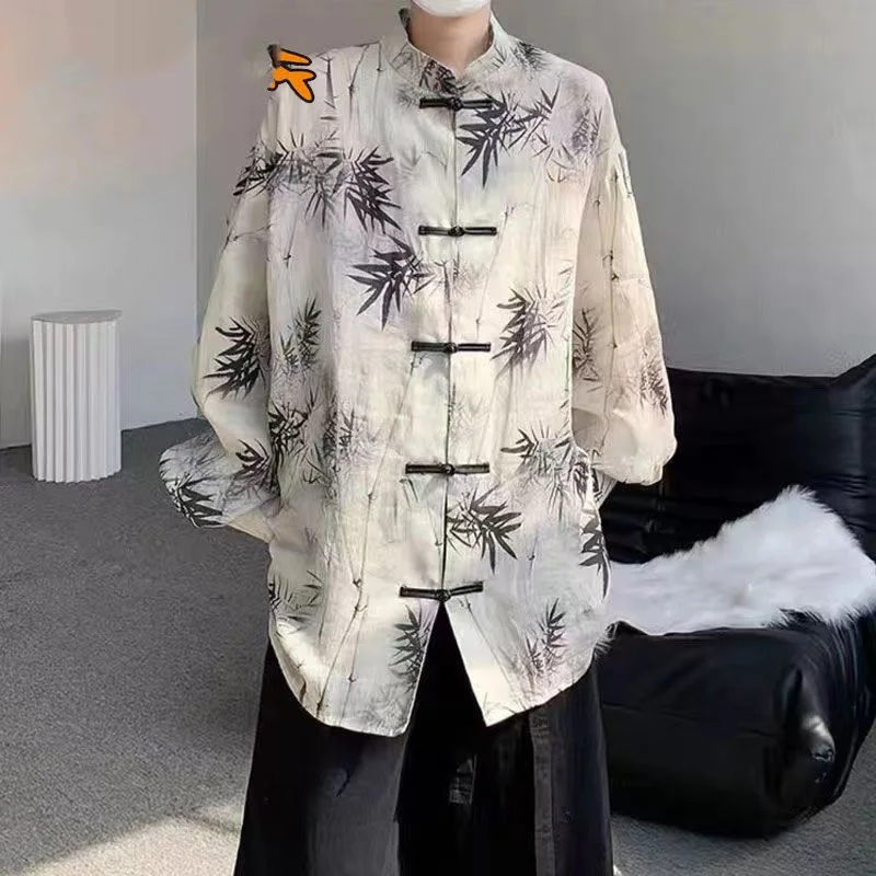 

2023 Spring and Autumn Vintage Literature and Art Bamboo Leaf Print Standing Collar Disc Buckle Loose New Chinese Men's Shirt