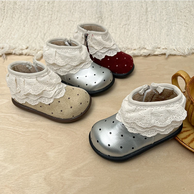 Winter Warm New Children Short Boots for Girls Fashion Korean Soft Bottom Anti-slippery Versatile Princess Baby Lace Shoes