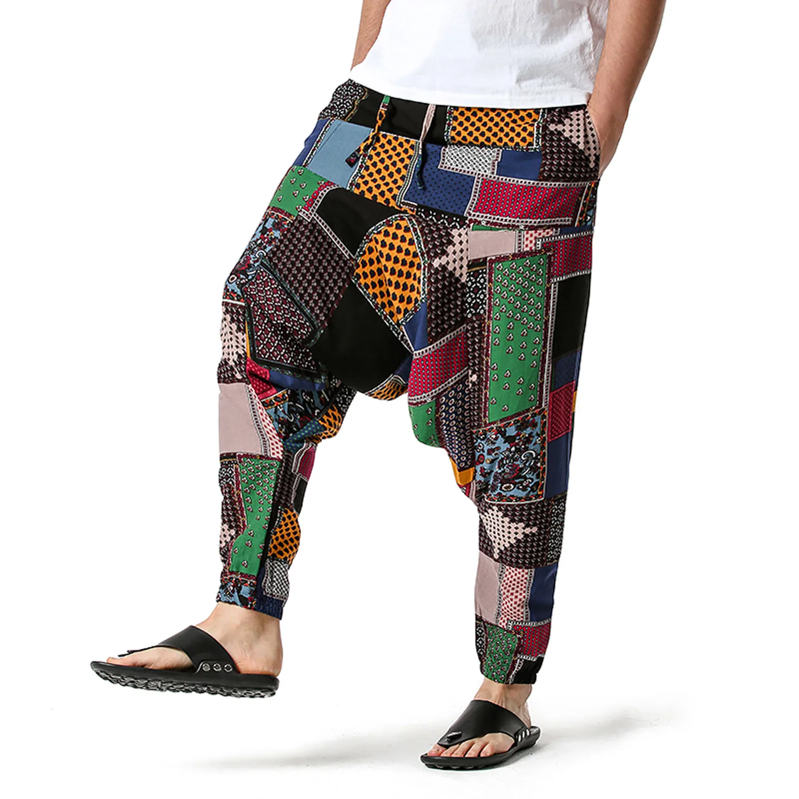 Celana Harem katun Linen pria, celana panjang longgar pinggang elastis Bohemian multiwarna Streetwear pria Drop-crotch