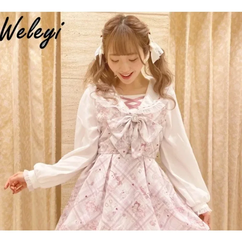 Lolita Kawaii Jirai Kei Skirt Two Piece Set Japanese Women's Clothing 2024 Spring Sweet Bow Navy Collar Printed Type A Tutu Suit