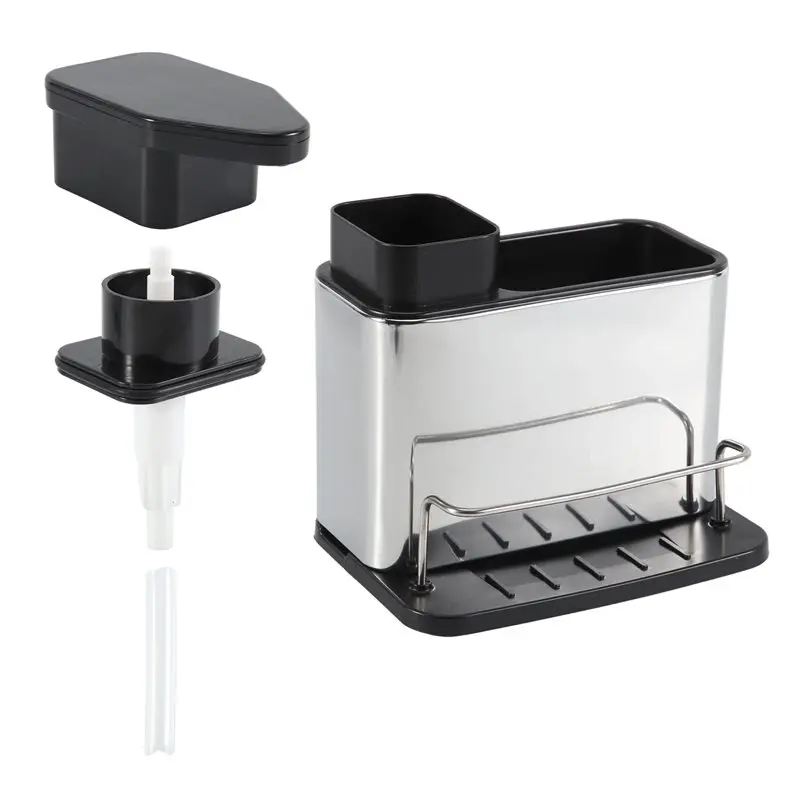 A36T-3-In-1 Kitchen Soap Dispenser With Sponge Holder, Stainless Steel Sink Organizer, Rustproof Dish Soap Dispenser
