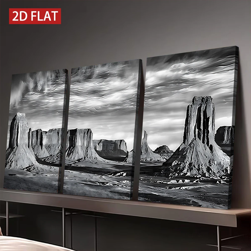 Lot de 3 tableaux sur toile encadrés en bois, impression d'art paysager de piliers rocheux du désert en noir et blanc, décoration murale pour salon et bureau