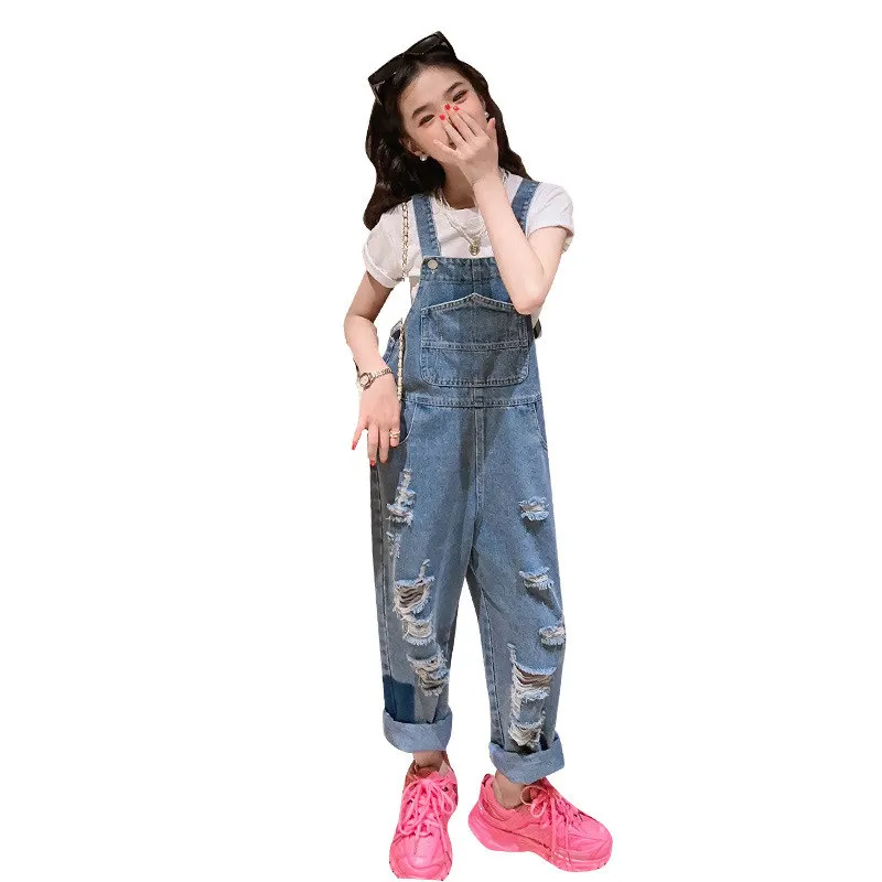 

Summer Overalls for Little Girls Fashion Ripped Hole with Pocket Destory Jeans Jumpsuit England Style Children Overalls Trousers