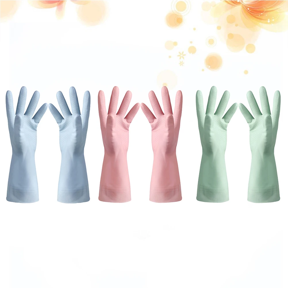 

3 Pairs Rubber Kitchen Gloves Thin Protection Waterproof Dishwashing Durable Long AntiSkid Elastic Gardening