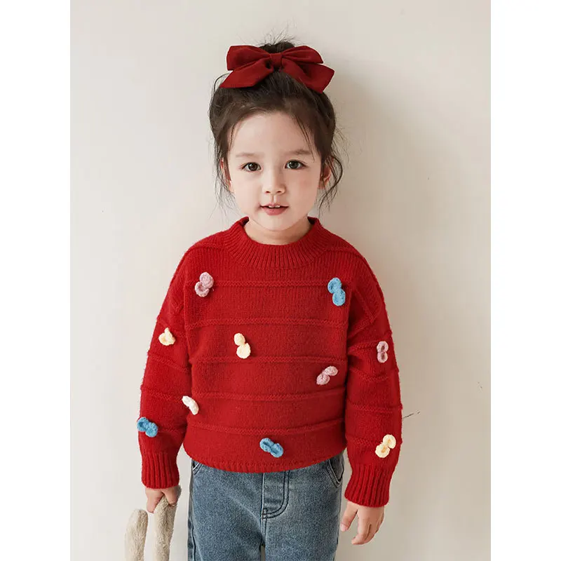 Girls' Small Flower Pullover Sweater Warmth 2023 Winter New Children's Korean Versatile Knit Top