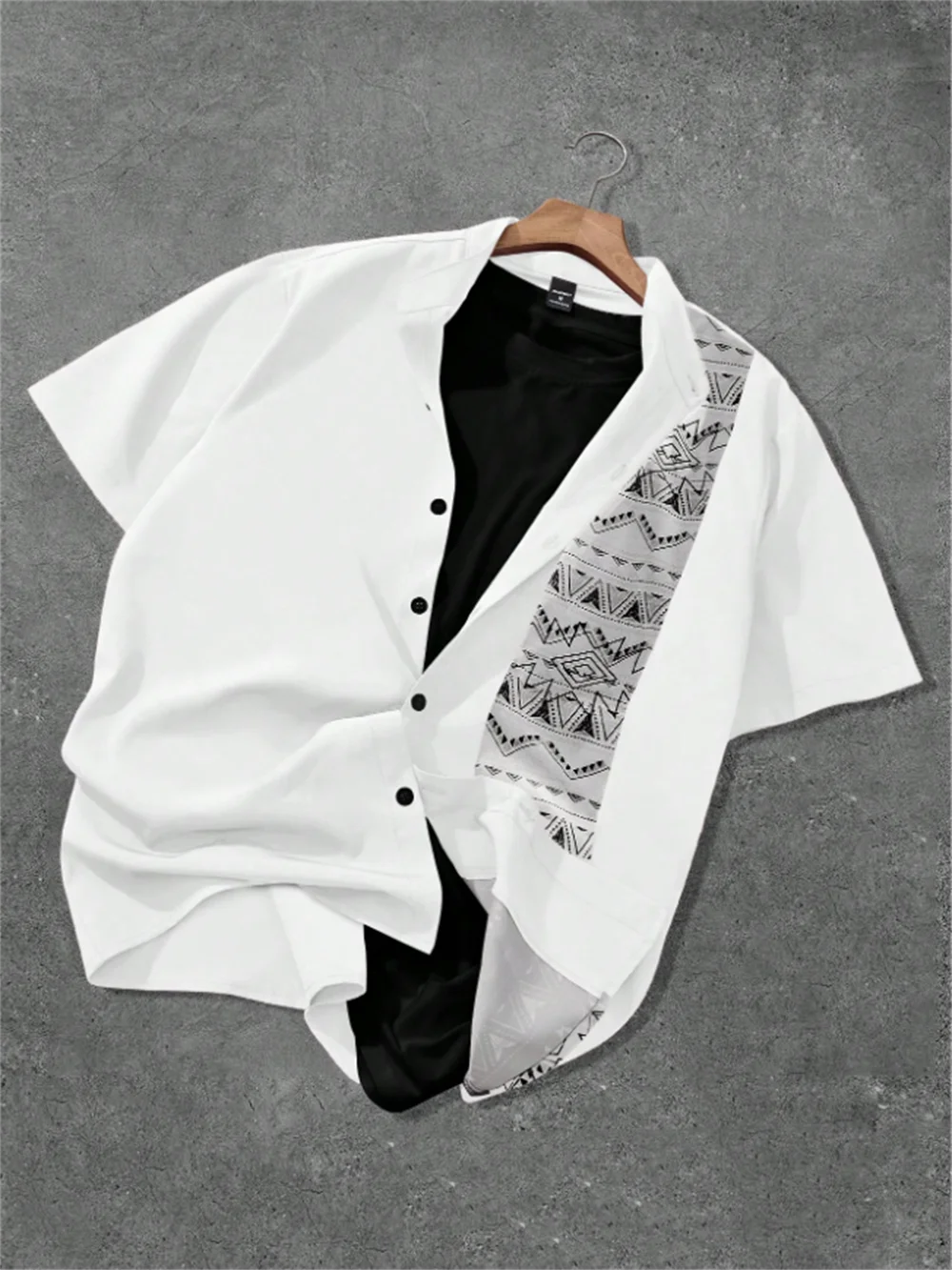 

Men's fashion short sleeve shirt with stand collar and retro pattern suitable for holiday casual occasions men's cool shirt