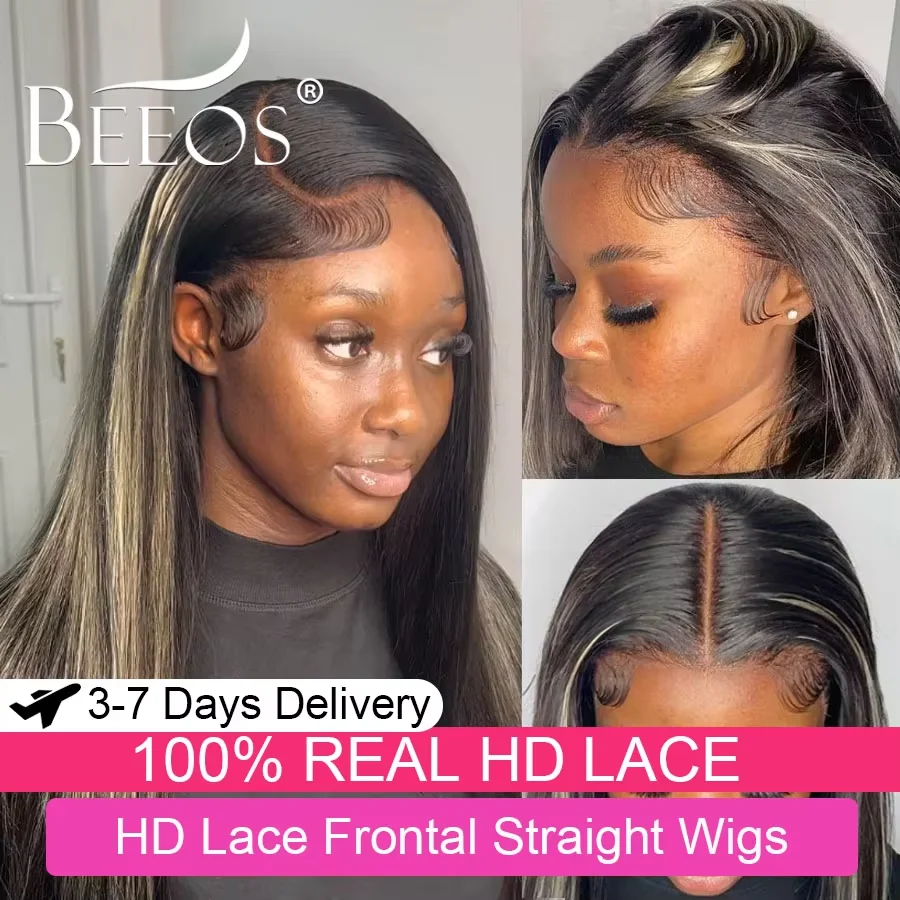 

Oreo Highlight #1b/27 13x6 HD Transparent Lace Frontal Human Hair Wig Colored Bone Straight Pre Plucked Bleached Knots For Women