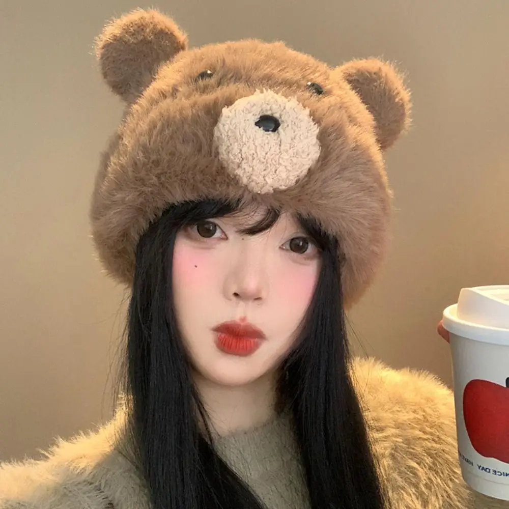 Fashion Korean Cute Bear Ear Hat Warm Plush Faux Fur Pullover Hat Ear Protection Outdoor Women Fluffy Hat All-match