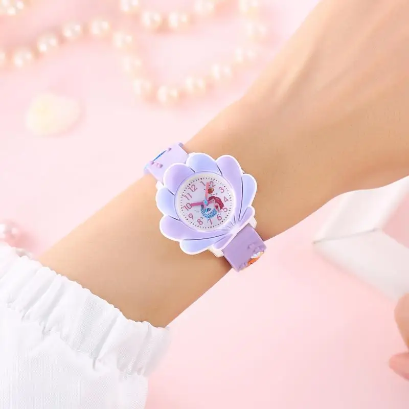 Children's Cartoon Mermaid Shell Watch Girls Cute 3d Pattern PVC Soft Glue Skin-friendly Children's Learning Table Quartz Watch