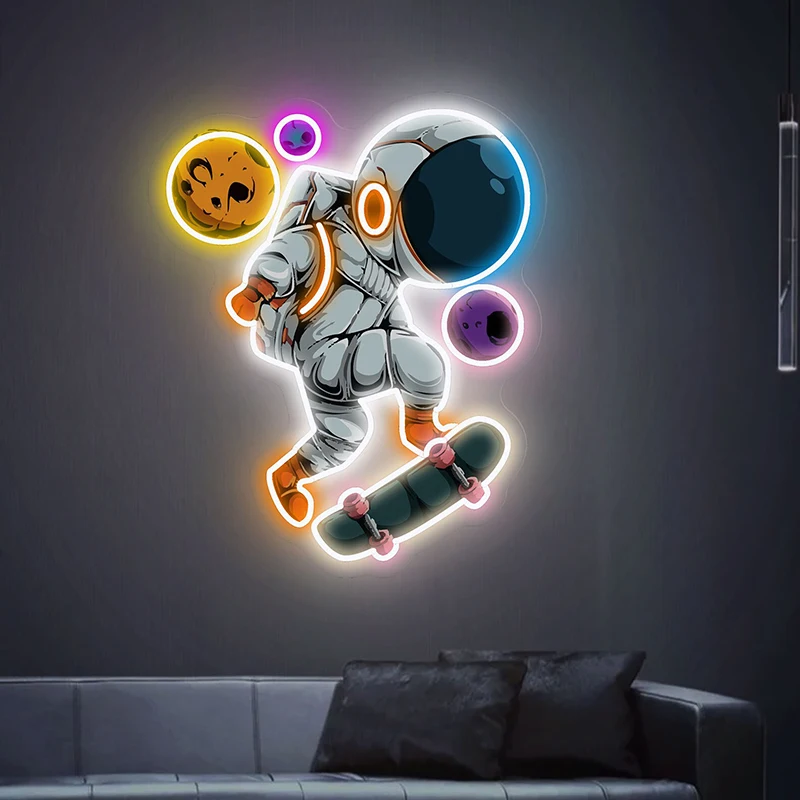 Astronauta Neon deskorolka kosmonauta Neon gra na deskorolce Neon Led lampa ozdobna dekoracja ścienna do sypialni akrylowych z nadrukiem UV