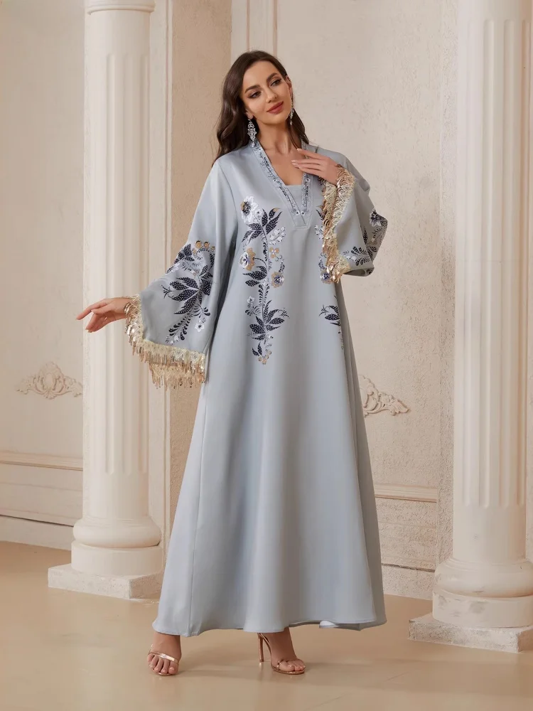 

Новое весеннее женское свободное повседневное платье с V-образным вырезом и принтом, в стиле Ближнего Востока/Дубая, этнический сценический костюм, коллекция 2026 года