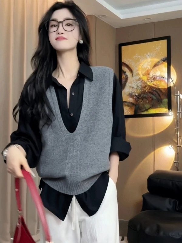 Women's Knitted Vest Top Layering Warmth Inner Wear Base Tank Trendy Upper Body V-neck Loose Fit  Color Autumn Start