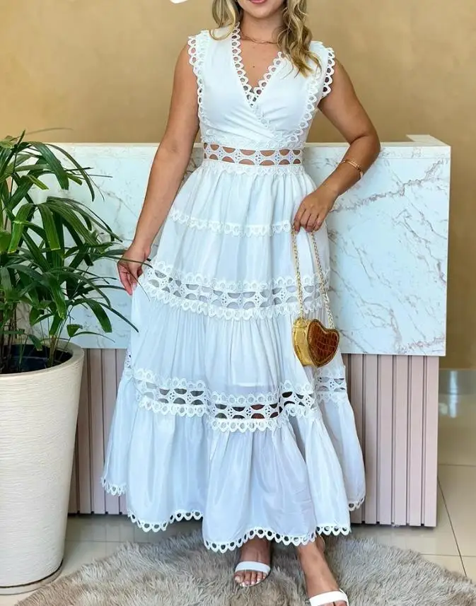 Neue Mode 2025, Sommer, sexy, elegant, Spitzenbesatz, V-Ausschnitt, aushöhlen, ärmelloses Kleid, lässige Taille, A-Linie, ausgestelltes Maxikleid für Damen