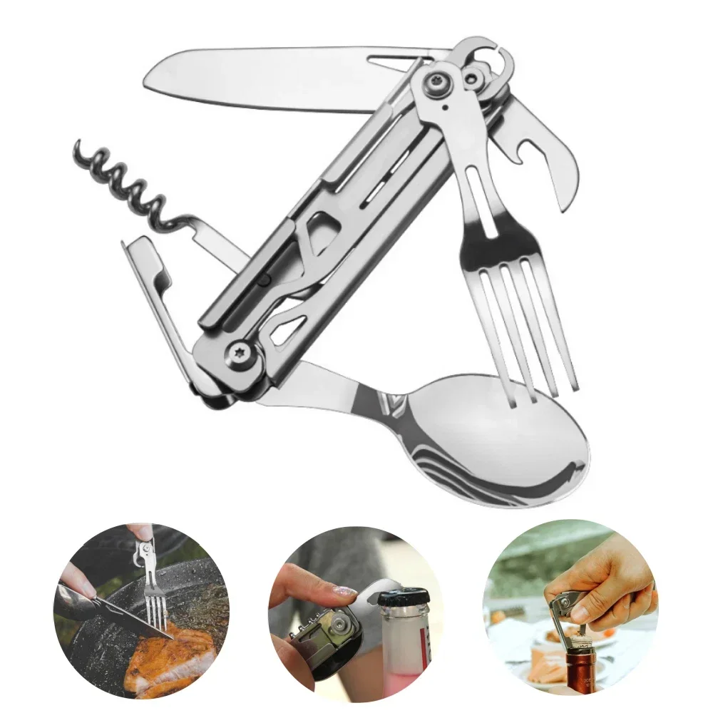Sliver Outdoor Tableware Multi-function Portable Knife Fork Spoon Bottle Opener Foldable Cutlery Camp Pocket Knife with Detachab