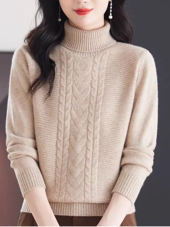 

Ele Double-Thi шерстяная основа для женщин, зимний вязаный топ с высоким воротником для среднего возраста и ли, универсальный вязаный топ Camere