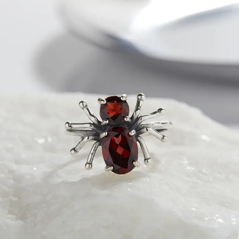 Anillo de plata de ley S925 con piedras preciosas de granate natural y espinela negra, estilo europeo y americano, para mujer, diseño exclusivo.