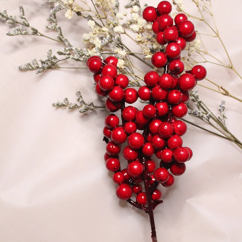 50/1Branch Red Berries Stems DIY Artificial Foam Holly Berry Stamen Fake Plants Fruit Bouquet Wreath Christmas Party Home Decor