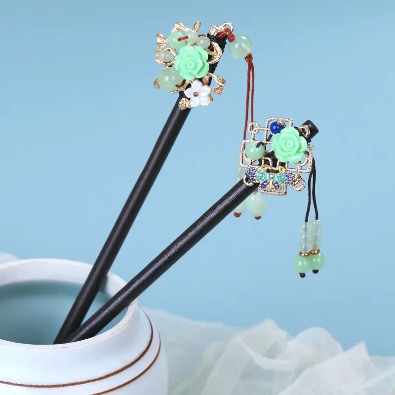 Ancient Costume Hanfu Hairdisk Fresh Wooden Hairpins With Metal Flower headdress Retro Buyao Tessal Hairpins Women Gift