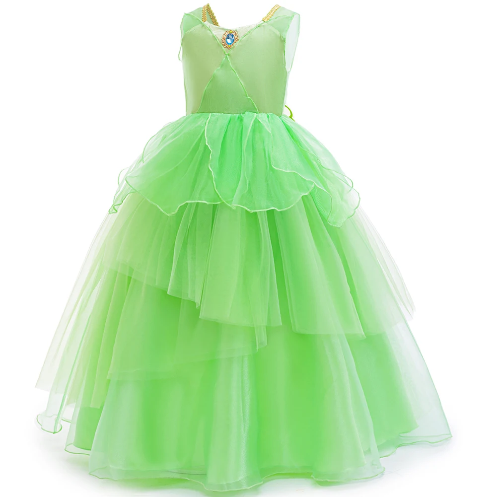 Girl Princess Dress Green Flower Fairy Tulle Dress Kids Halloween Costume Purim Carnival Cosplay Elf Costume Birthday Party Gown