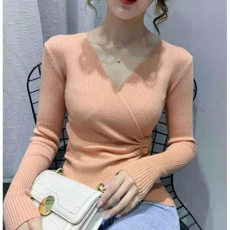 Primavera otoño nuevo cuello en V manga larga suéter de moda mujeres High Street Casual Slim jerseys estilo coreano elegante todo-fósforo Tops