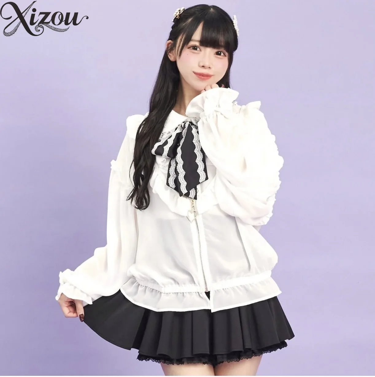 

Japanese Ruffled Zipper Shirt Jacket Long-sleeved Casual Sweet Cute Sportswear Coats Strap Bow Solid Color Women Spring Autumn