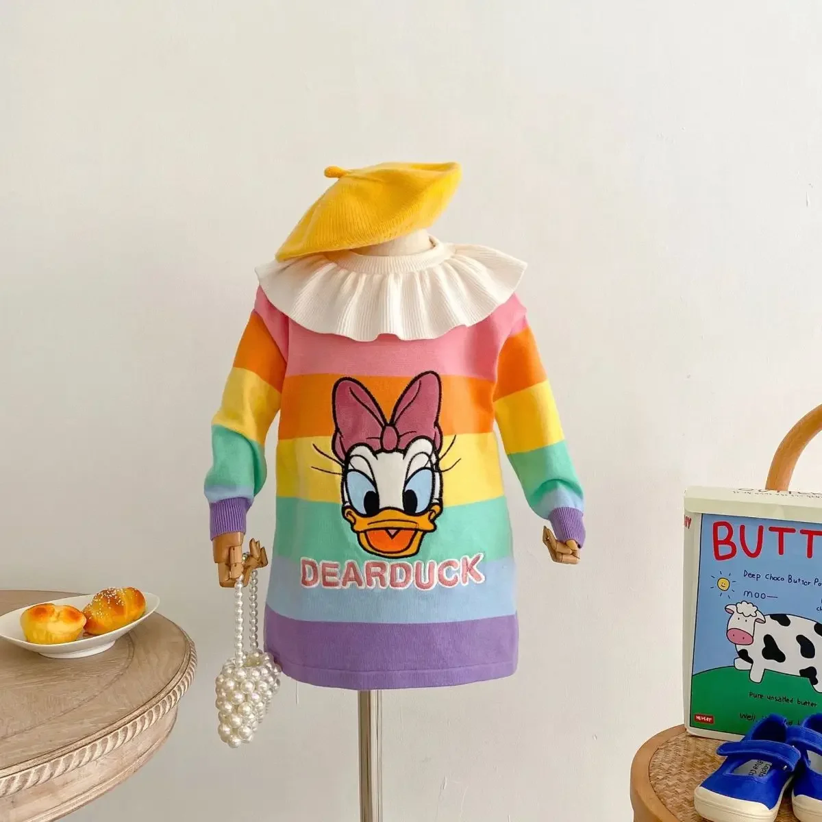 Girl Undershirt Spring Autumn Striped Tie-Dye Mid-Length Crew Neck Long Sleeve Disney Daisy Minnie childrens Baby Sweater Dress