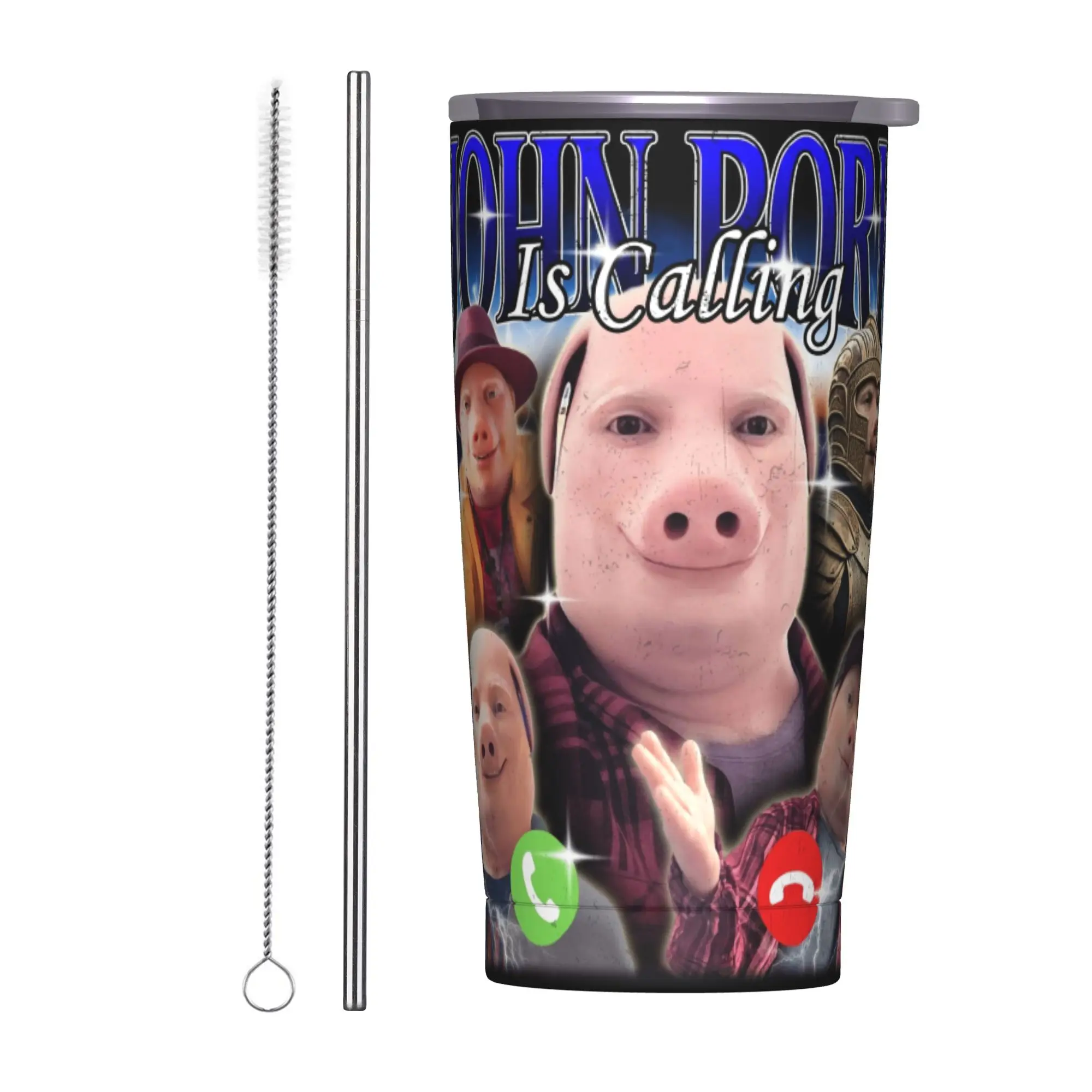 

Термокружка из нержавеющей стали с двойными стенками и вакуумной изоляцией, с соломинками и крышкой, с забавным мемом «Джон Порк зовет»