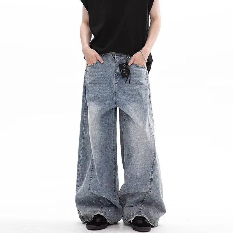 

Autumn Y2K Vintage Streetwear Curved Denim Pants For Man Hip Hop Fashion Baggy Jeans 2025 Punk Washed Blue Straight-Leg Jean