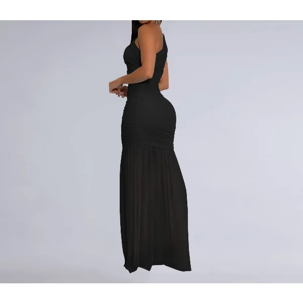 ชุดBodyconผู้หญิงหนึ่งไหล่SkewคอสูงแยกจีบHem Maxiชุดฤดูใบไม้ร่วง 2025 ชุดราตรีเซ็กซี่Club Party Vestidoกระโปรง